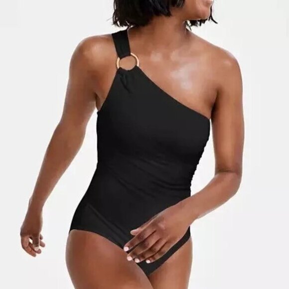 Michael Kors Embellished One-Shoulder Underwire One-Piece Swimsuit Black Size 12 - Picture 3 of 11